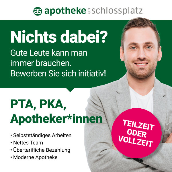 Bewerben Sie sich gerne initiativ. Arbeitszeit: Minijob / Teilzeit oder Vollzeit. Tätigkeit: PTA, PKA, Apotheker und Apothekerinnen. Standort: Apotheke am Schlossplatz, Bonn.